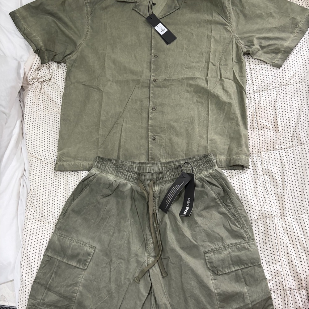 Olive Green Short Sleeve Shirt and Shorts Set